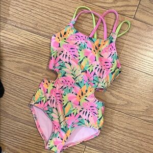 Art Class Girls Swim One Piece - Pink and Green Tropical xs 4/5